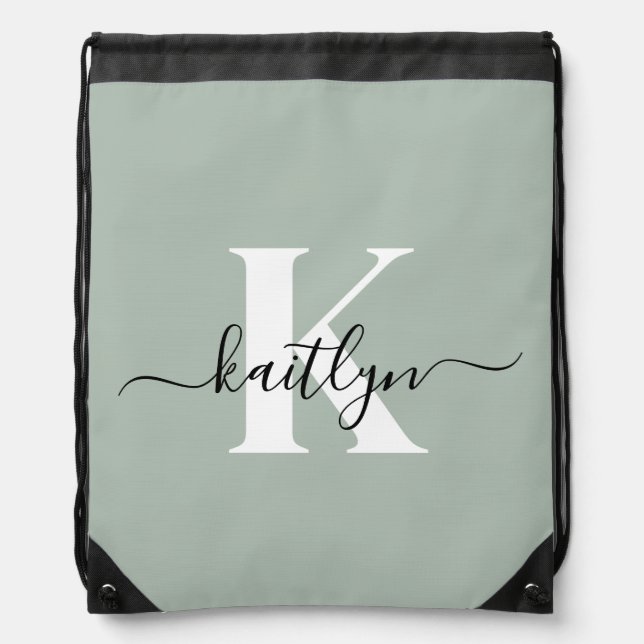 Modern Sage Green Script Monogram Drawstring Bag (Front)