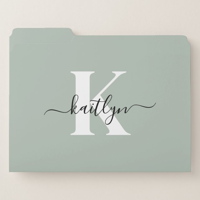 Modern Sage Green Script Monogram File Folder (Front Left)