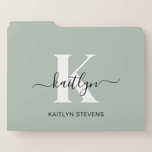 Modern Sage Green Script Monogram File Folder (Front Left)