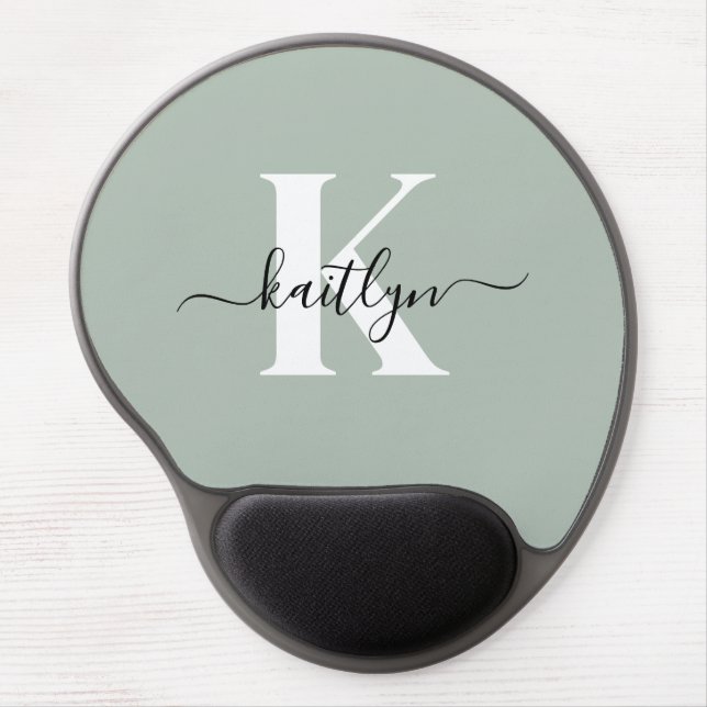 Modern Sage Green Script Monogram Gel Mouse Pad (Front)