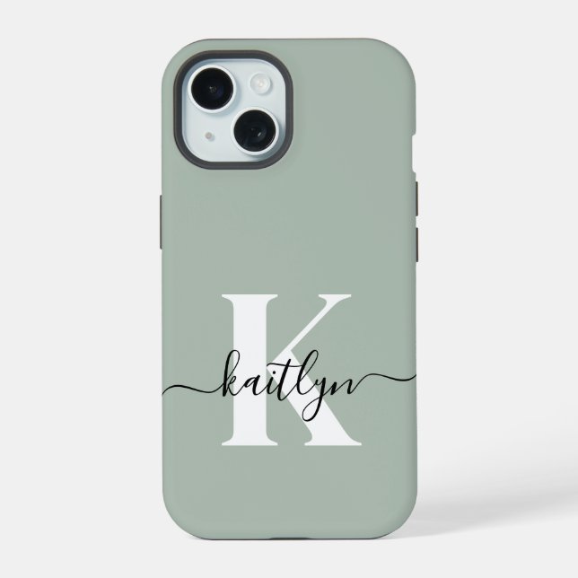 Modern Sage Green Script Monogram iPhone 15 Case (Back)