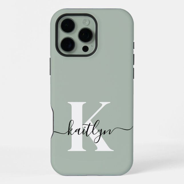 Modern Sage Green Script Monogram iPhone Case (Back)