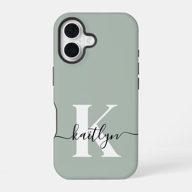 Modern Sage Green Script Monogram iPhone Case (Back)