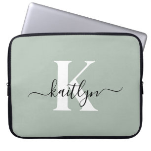 Modern Sage Green Script Monogram Laptop Sleeve