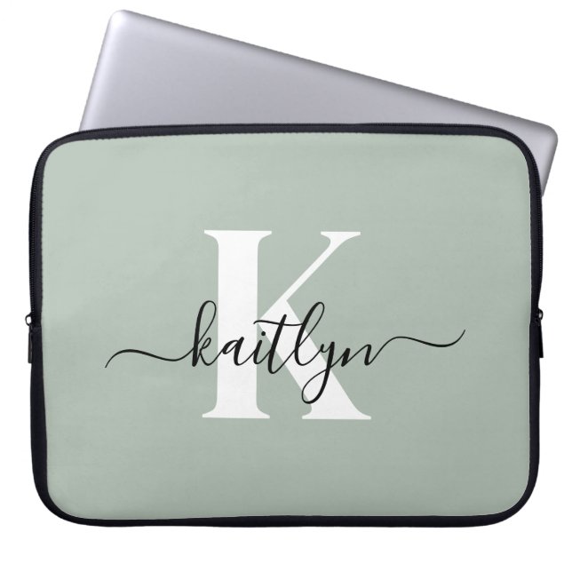 Modern Sage Green Script Monogram Laptop Sleeve (Front)