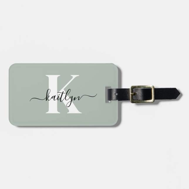 Modern Sage Green Script Monogram Luggage Tag (Front Horizontal)
