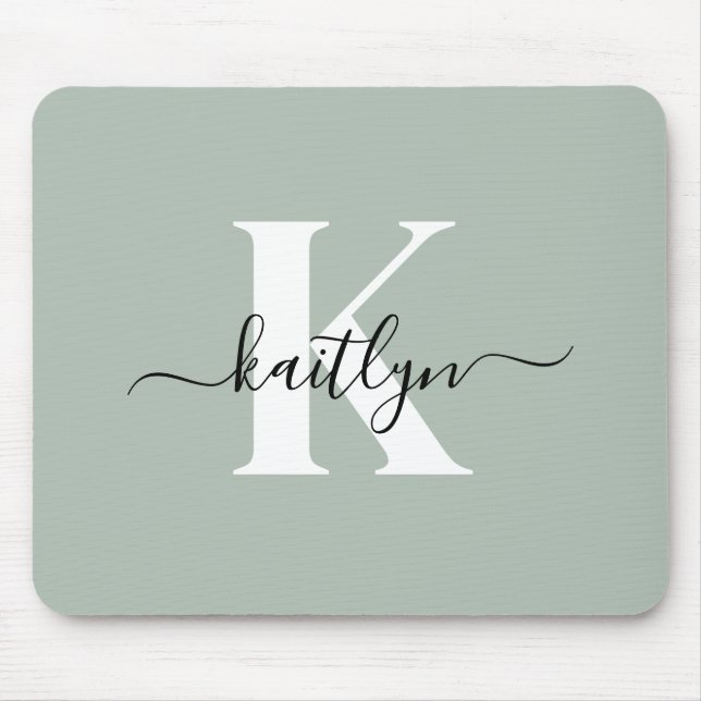 Modern Sage Green Script Monogram Mouse Pad (Front)