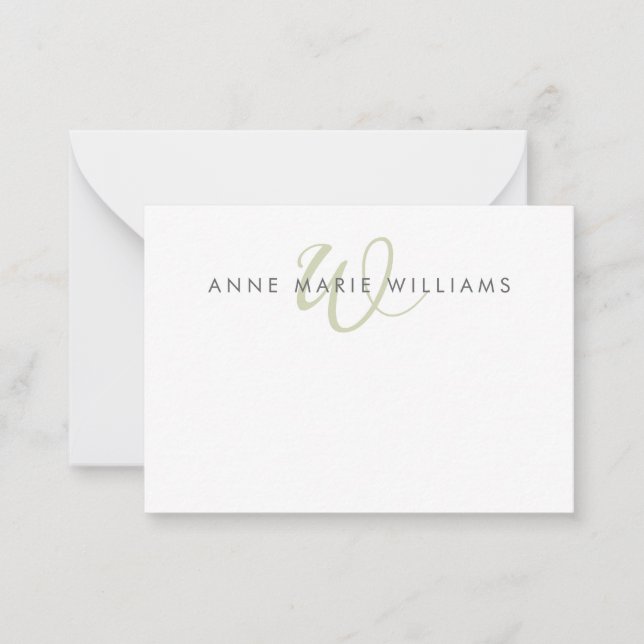 Modern Sage Green Script Monogram Note Card (Front)