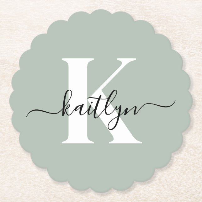 Modern Sage Green Script Monogram Paper Coaster (Front)