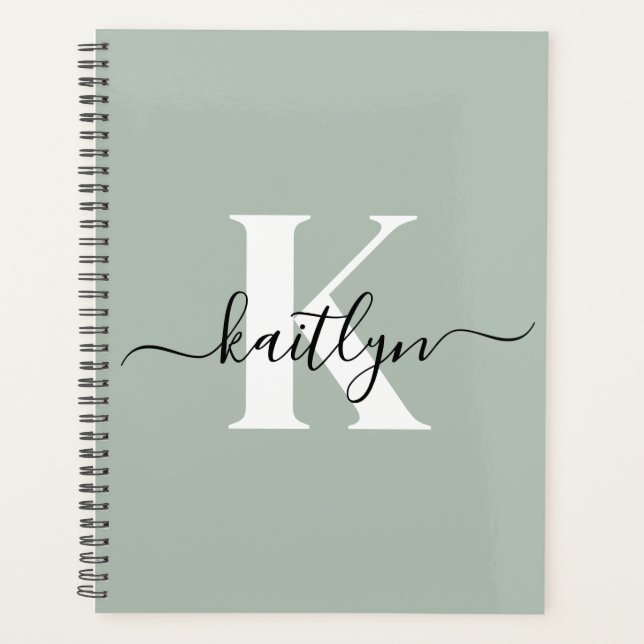 Modern Sage Green Script Monogram Planner (Front)