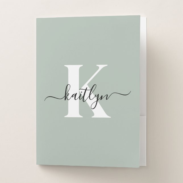 Modern Sage Green Script Monogram Pocket Folder (Front)
