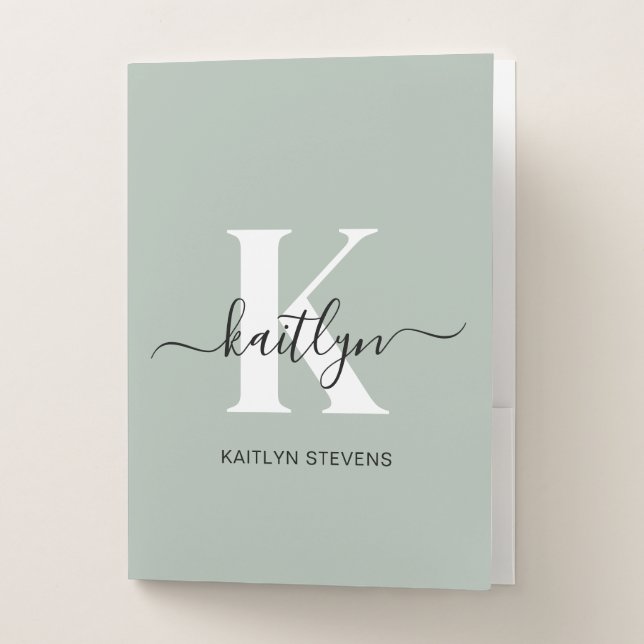 Modern Sage Green Script Monogram Pocket Folder (Front)