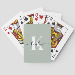 Modern Sage Green Script Monogram Poker Cards