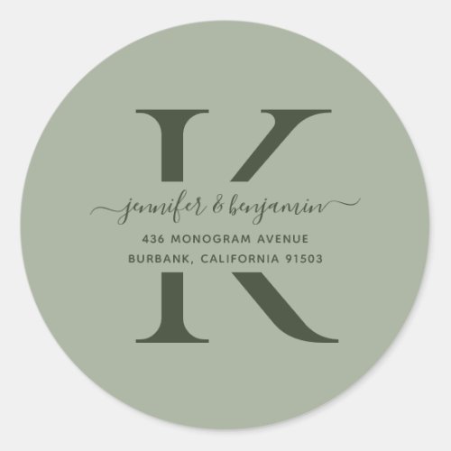 Modern Sage Green Script Monogram Return Address Classic Round Sticker