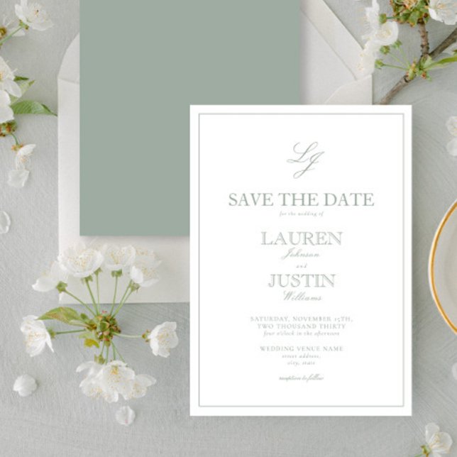 Modern Sage Green Script Monogram Save the Date Invitation (Creator Uploaded)