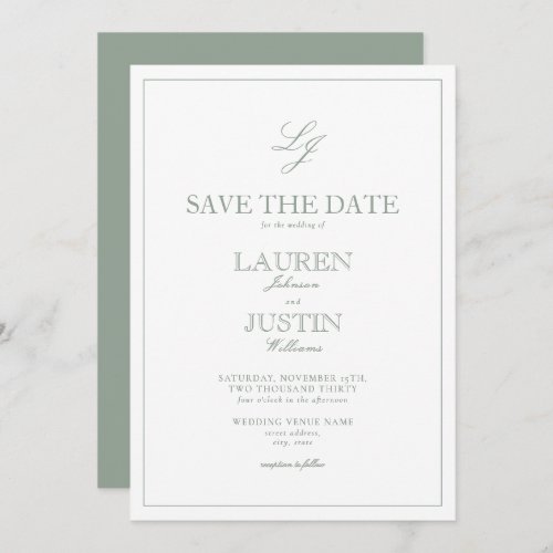 Modern Sage Green Script Monogram Save the Date Invitation