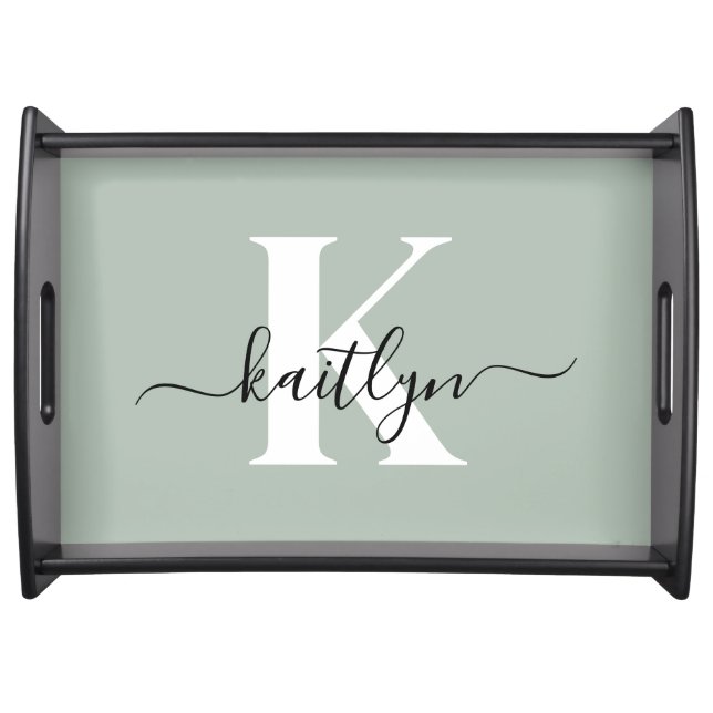 Modern Sage Green Script Monogram Serving Tray (Front)