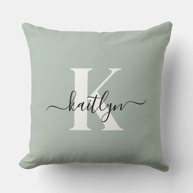 Modern Sage Green Script Monogram Throw Pillow (Front)