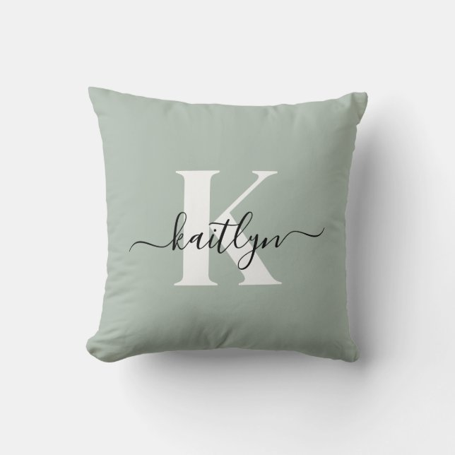 Modern Sage Green Script Monogram Throw Pillow (Front)