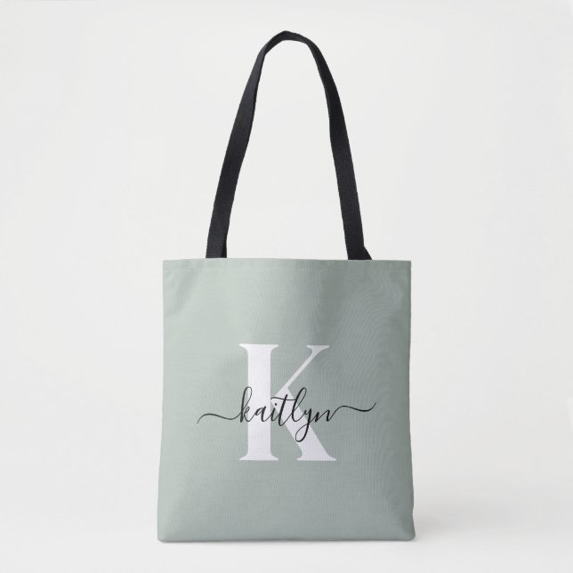 Modern Sage Green Script Monogram Tote Bag (Front)