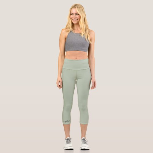 Modern sage green script name capri leggings