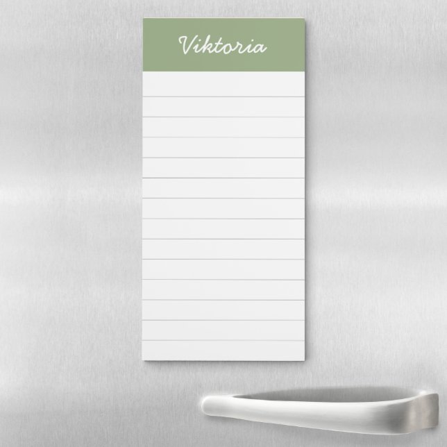 Modern Sage Green Script Name Grocery List Magnetic Notepad (In Situ)