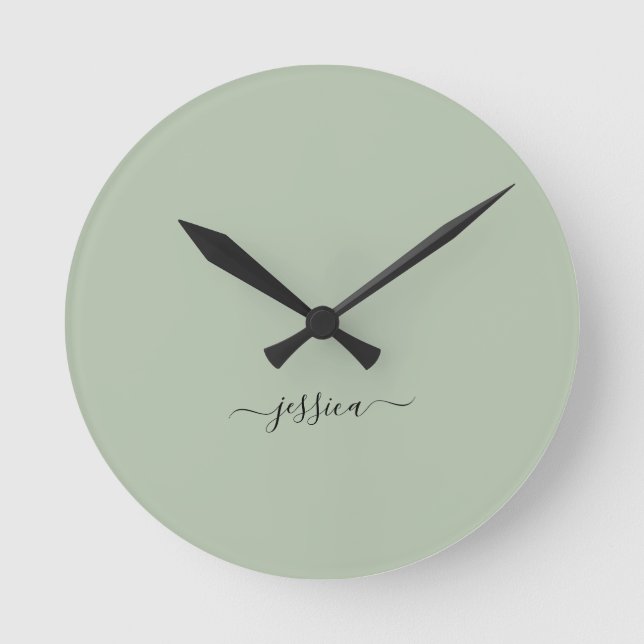 Modern sage green script name large clock (Front)