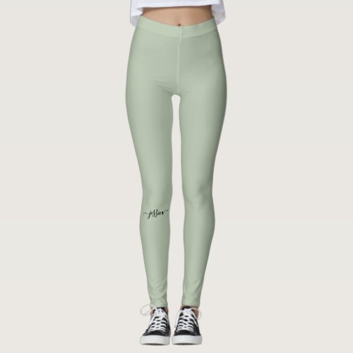 Modern sage green script name  leggings