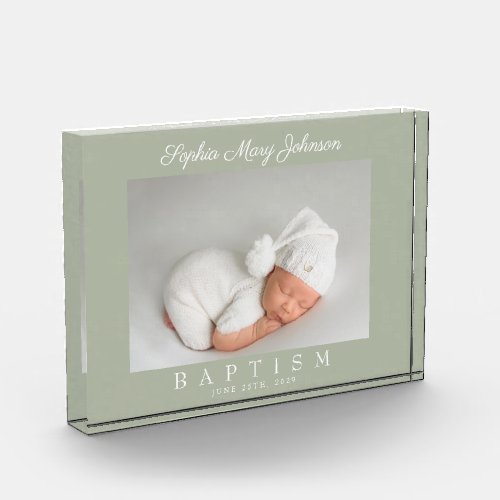 Modern Sage Green Script Photo Baptism Photo Block