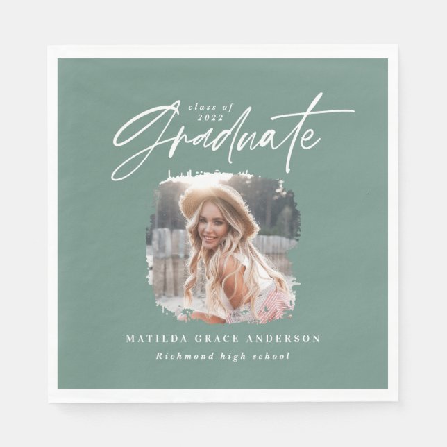 Modern sage green script photo elegant graduation napkins (Front)