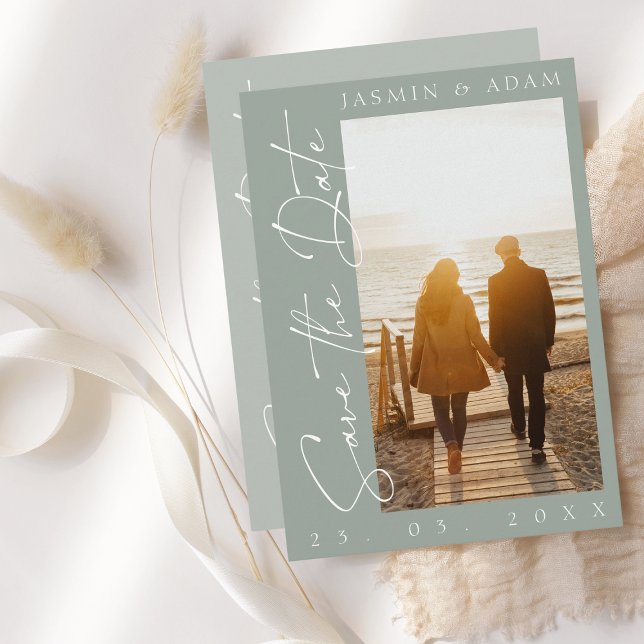 Modern Sage Green Script Photo Save the Date (Creator Uploaded)
