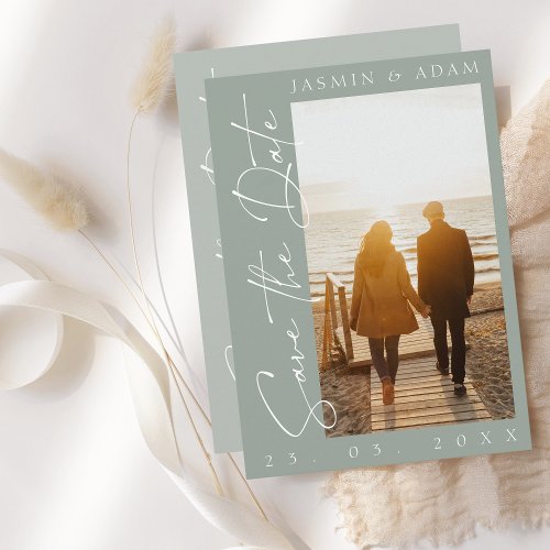 Modern Sage Green Script Photo Wedding Save The Date