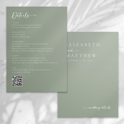 Modern Sage Green Script QR Code Wedding Enclosure Card