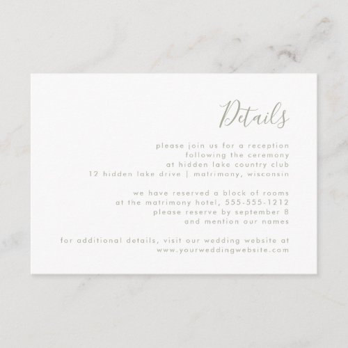 Modern Sage Green Script Wedding Details Enclosure Card