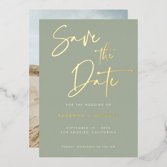 Modern Sage Green Script Wedding Save the Date Foil Invitation (Front/Back)