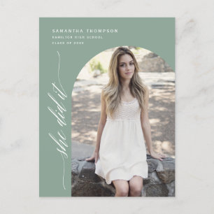 Modern Sage Green She Did It Graduation Arch Photo Postcard