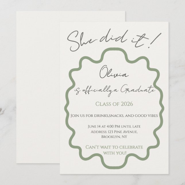 Modern Sage Green She Did It Graduation Party  Invitation (Front/Back)