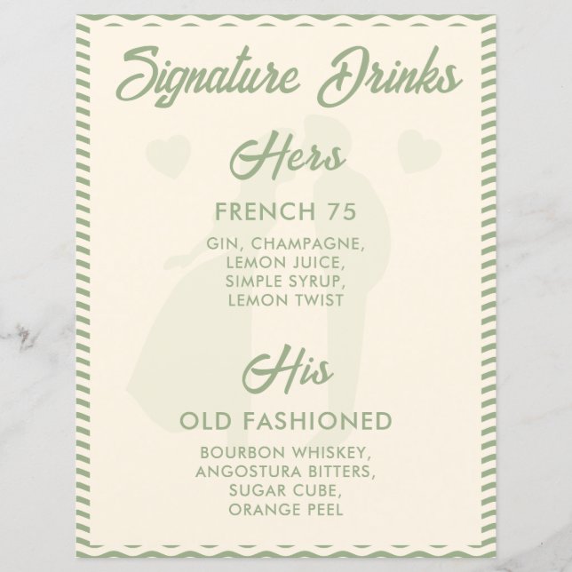 Modern Sage Green Signature Drinks Wedding Sign (Front)
