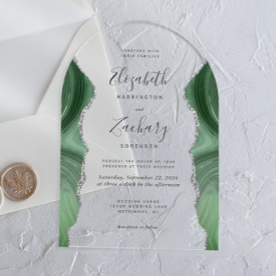 Modern Sage Green Silver Agate Wedding Arch Acrylic Invitations
