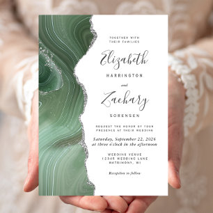 Modern Sage Green Silver Agate Wedding Invitation