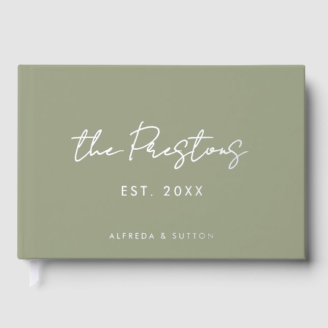 Modern Sage Green & Silver Foil Wedding Foil Guest Book (Front)