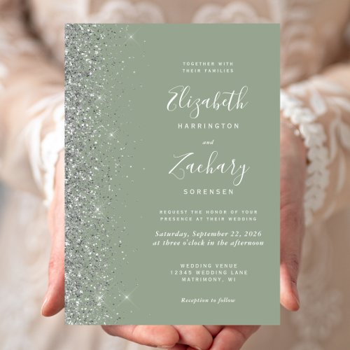 Modern Sage Green Silver Glitter Edge Wedding Invitation