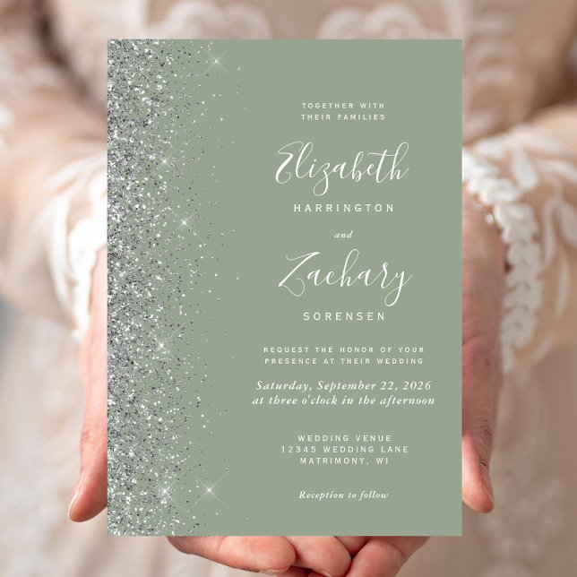 Modern Sage Green Silver Glitter Edge Wedding Invitation (Creator Uploaded)