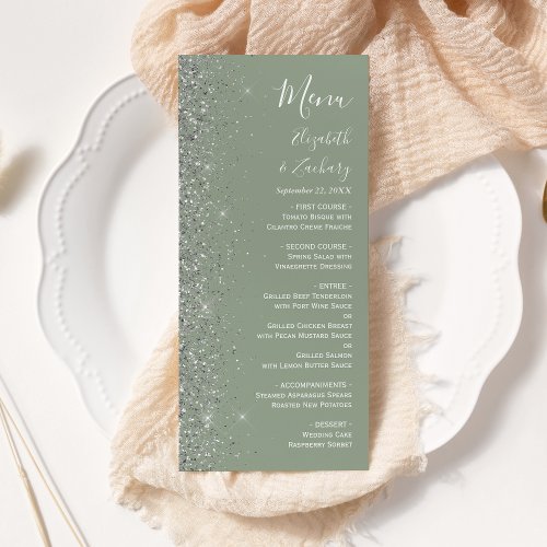 Modern Sage Green Silver Glitter Edge Wedding Menu