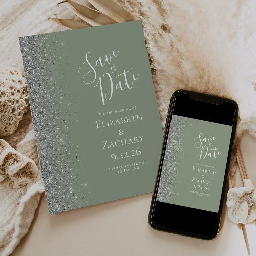 Modern Sage Green Silver Glitter Save the Date Announcement