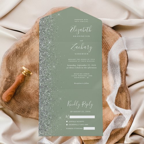 Modern Sage Green Silver Glitter Wedding All In One Invitation