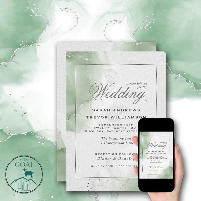Modern Sage Green Silver Invitation (Creator Uploaded)