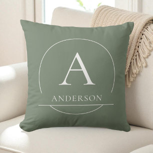 Modern Sage Green Simple Family Name Monogram Throw Pillow