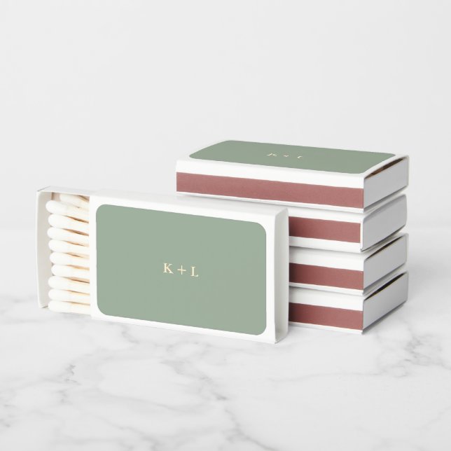 Modern Sage Green Simple Monogram Wedding Matchboxes (Stacked)