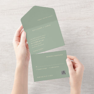 Modern Sage Green Simple QR Code Wedding All In One Invitation